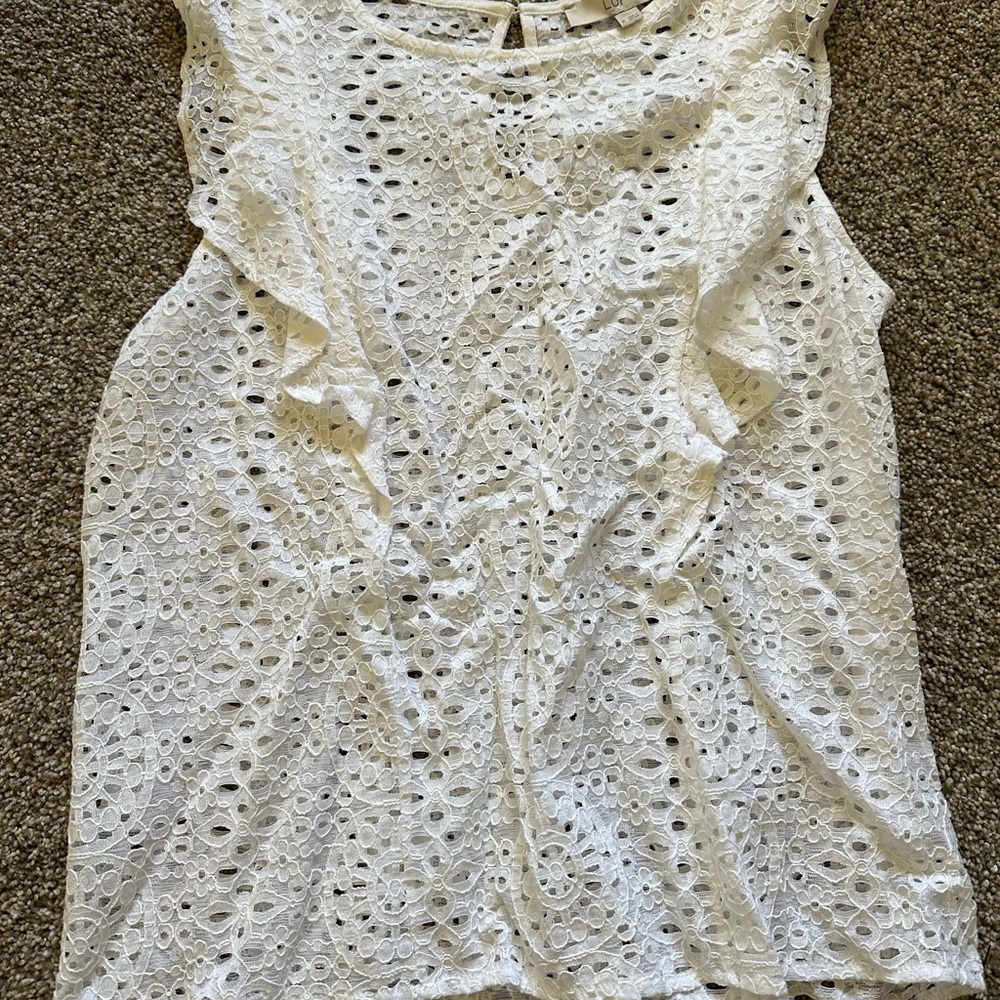 LOFT white eyelet flutter sleeve top